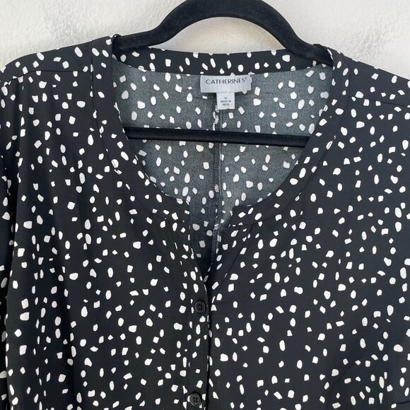 Catherines Womens Plus 1X Polka Dot Blouse Black White Roll Tab Sleeve Tunic Top - Picture 7 of 9